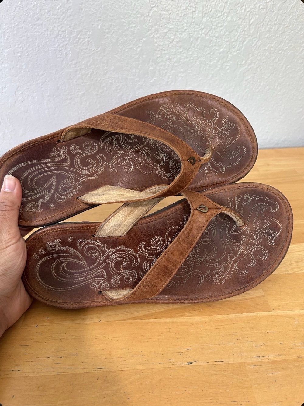 OluKai Paniolo Brown Leather Flip Flop Sandals Women’s US 6 Comfort Casual - Picture 5 of 9